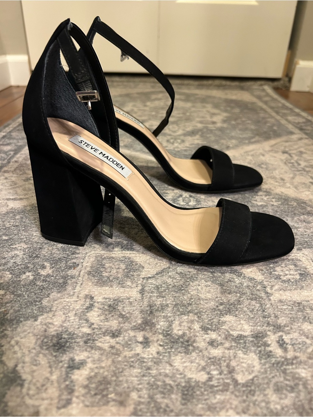 Steve Madden Black Suede Ankle-Strap Block Heels